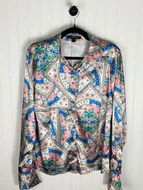 Boston Proper Satin Scarf Print Button Front Blouse Size 10 NWOT
